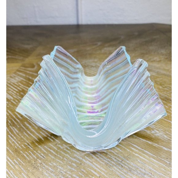 Studio Glass Handkerchief Vase Votive Iridescent Aurene‎ Textured Signed - Picture 1 of 10
